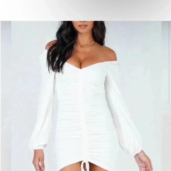 Princess Polly Women’s Long Sleeve Mini‎ Dress Front Ruched White Size 4 - Picture 1 of 8